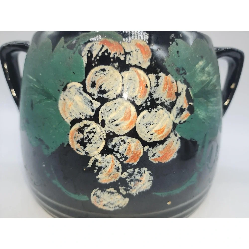 Vintage Black Ceramic Hand Painted Grape Bean Pot Cookie Jar with Lid 2 Handle - Picture 8 of 16